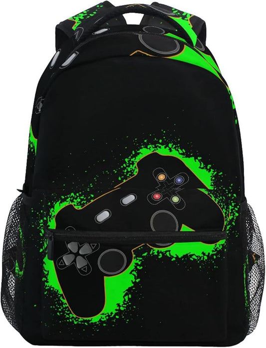 Green and Black Video Game Boys Girls Kids School Backpacks Bookbag, Elementary School Bag Travel Backpack Daypack