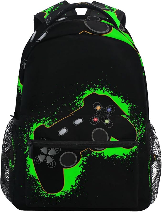 Green and Black Video Game Boys Girls Kids School Backpacks Bookbag, Elementary School Bag Travel Backpack Daypack