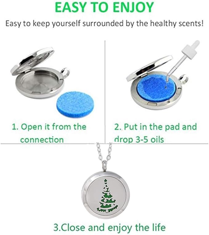 Aromatherapy Essential Oil Diffuser Stainless Steel 30MM Silver Magnetic Locket Pendant 2 Sizes Chain Necklace, Refill Pads & Diffuser Bracelet in a Velvet Bag (Christmastreewithornaments)