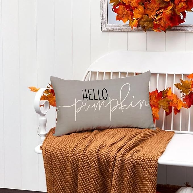 RABUSOFA Fall Pillow Covers 12x20 Inch,Autumn Hello Pumpkin Pillows Decorative Throw Pillows,Lumbar Outdoor Thanksgiving Cushion Cover Farmhosue Fall Decor for Bedroom Couch Sofa Gray
