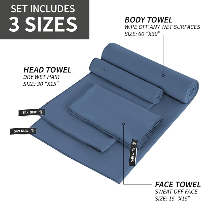 Quick Dry Camping Towel with EVA Case, Microfiber Travel Towel 3 Size at 1 Pack, Super Absorbent Lightweight Fast Drying Towel Set for Beach, Gym, Sports, Backpacking, Yoga & Swimming Pool, Navy Blue
