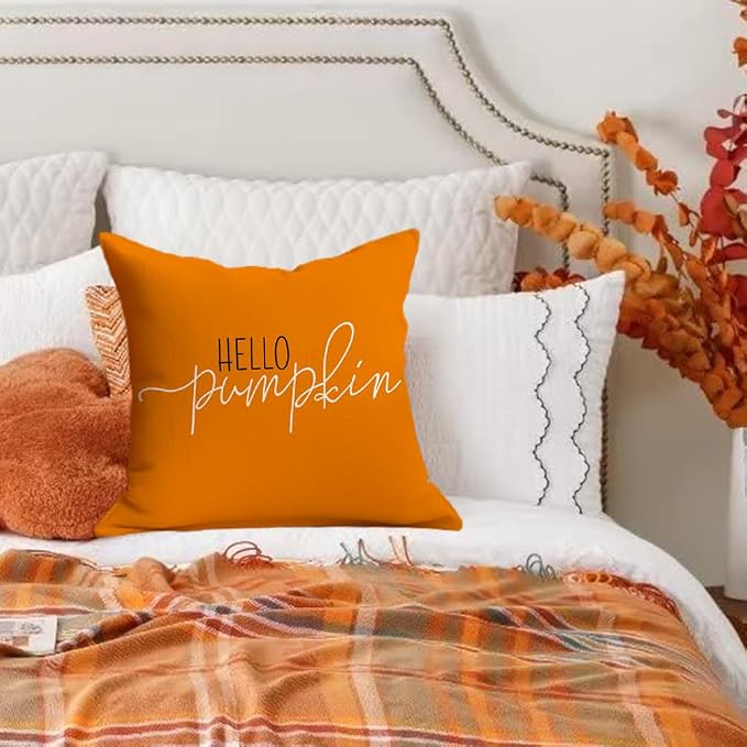 RABUSOFA Fall Pillows Covers 18x18 Autumn Hello Pumpkin Pillows Decorative Throw Pillows,Lumbar Outdoor Thanksgiving Cushion Cover Farmhosue Fall Decor for Couch Sofa Burnt Orange