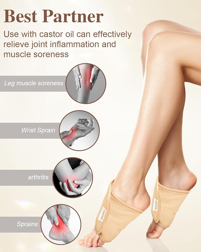2 Packs Castor Oil Pack Wrap for Feet, Reusable Organic Castor Oil Foot Wrap with Hook and Loop Strips, Less Mess, Comfort Fit