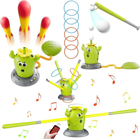 Cactus 4 in 1 Musical Jumping Toys, Toss Ring Game and Stomping Rocket Launcher for Kids Age 3-8, Baseball Sport Toy for Indoor & Outdoor Birthday Gifts for Toddler Boys & Girls (Cactus-C)