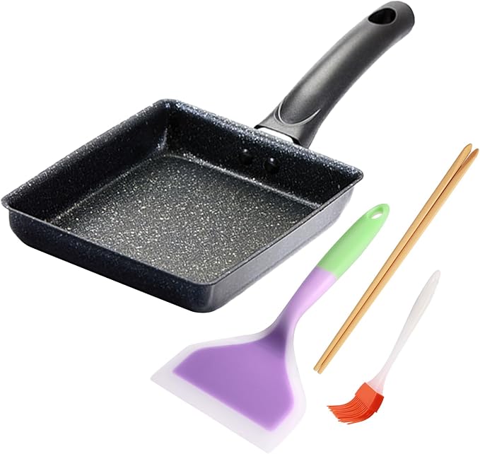 LOQJSS Tamagoyaki Pan Set – Japanese Omelette Pan 5.9x7 Inches Rectangle Egg Roll Pan & Silicone Brush, Chopsticks & Spetula,For Sandwiches,Crepes,Salmon,Bacon,Pancakes,Etc