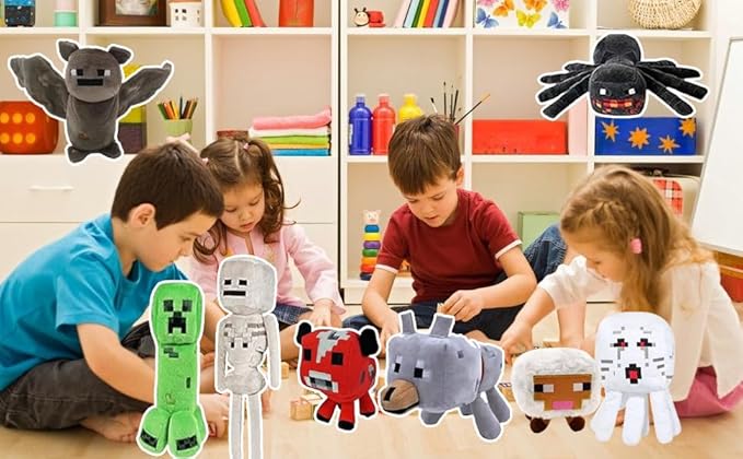 Creeper Plush,Baby Pig ，Baby Wolf，Spider,bat,Skeleton Shooter,sheepStuffed Animals Toys，Great Gift for Children and Fans.(8Pack)