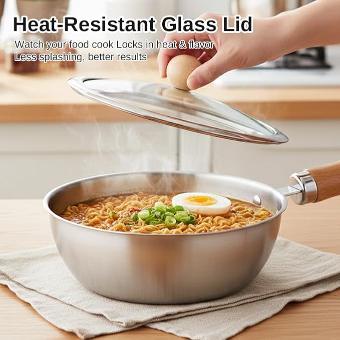50oz Korean Ramen Pot Set, 18/8 Stainless Steel 7.5in Ramen Cooking Pot, Coating-Free One-Person Dining Set, Wooden Handle Bowl, Fork Spoon Chopsticks&Sauce Dish, Safe for Gas Stove