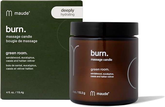 Maude Burn, Green Room (No. 3) - Hydrating + Skin-Softening Soybean + Jojoba Oil Massage Candle - Soothing Massage Oil Candle with Notes of Eucalyptus + Sandalwood - Relaxing Self Care Gifts (4 oz)