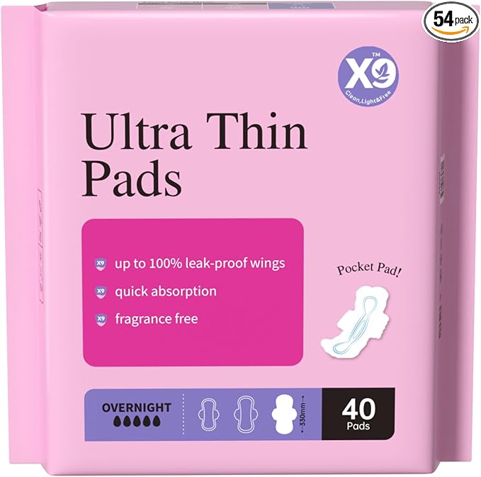 Ultra Thin Pads for Women with Wings, Overnight Period Pads, Lightweight & Discreet Feminine Pads, Nighttime Protection, 40 Count