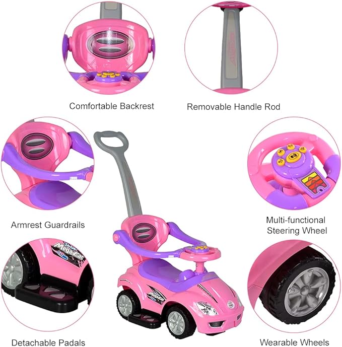 ChromeWheels Push Cars for Toddlers, 3 in 1 Ride on Push Car with Guardrail, Ride on Toys Mega Car w/Push Handle & Horn & Music & Under Seat Storage, Pink