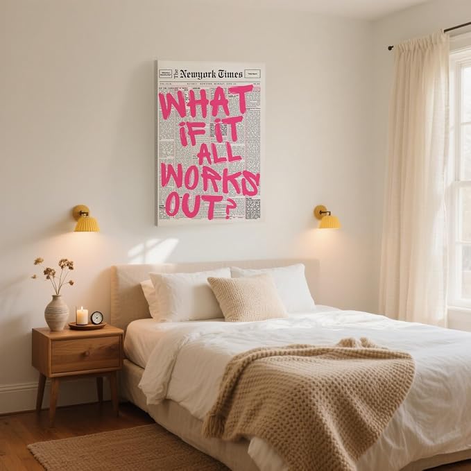 What If It All Works Out Poster Retro Newspaper Pink Wall Art Positive Affirmation Quote Minimalist Canvas Painting Prints Wall Decor Aesthetic for Home Bedroom Office 24x36inch Wrapped Framed