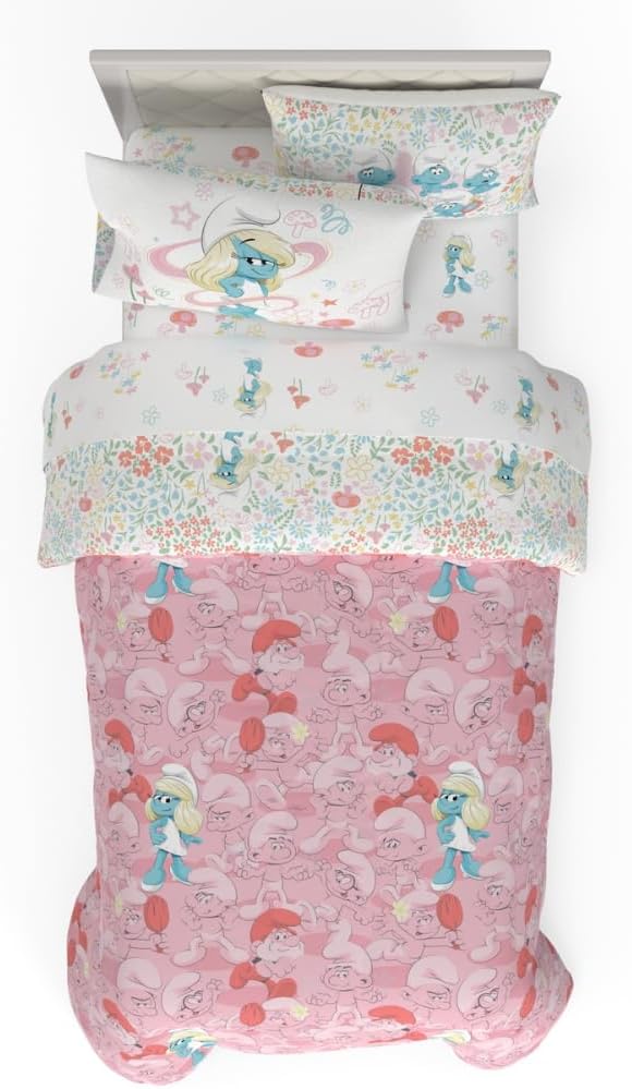 The Smurfs Smurfette Twin Bedding Set – 5 Piece Kids Super Soft Microfiber Reversible Comforter & Sheet Set - Pink, (Officially Licensed Product) by Franco