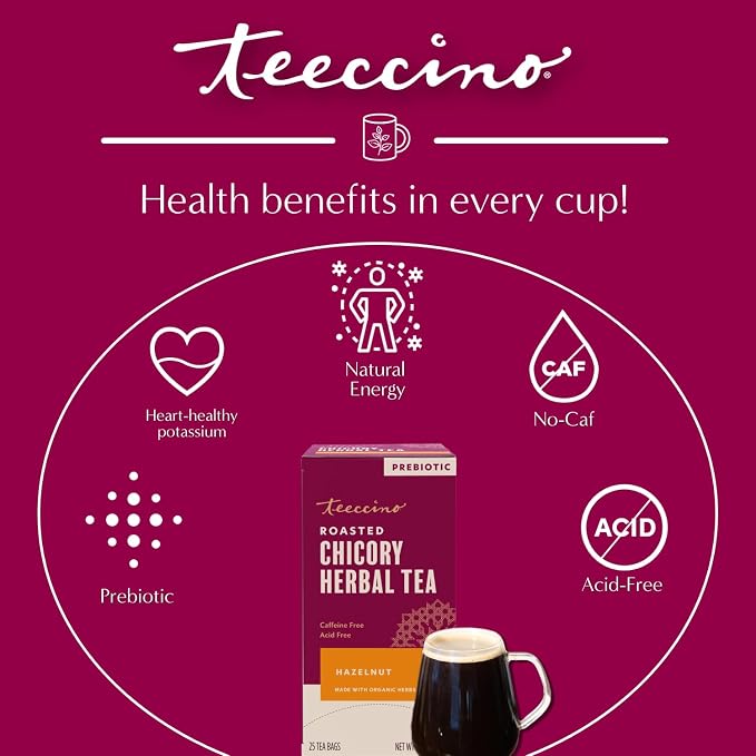 Teeccino Hazelnut Herbal Tea - 25 Tea Bags - Rich & Roasted Herbal Tea That’s Caffeine Free & Prebiotic for Natural Energy,