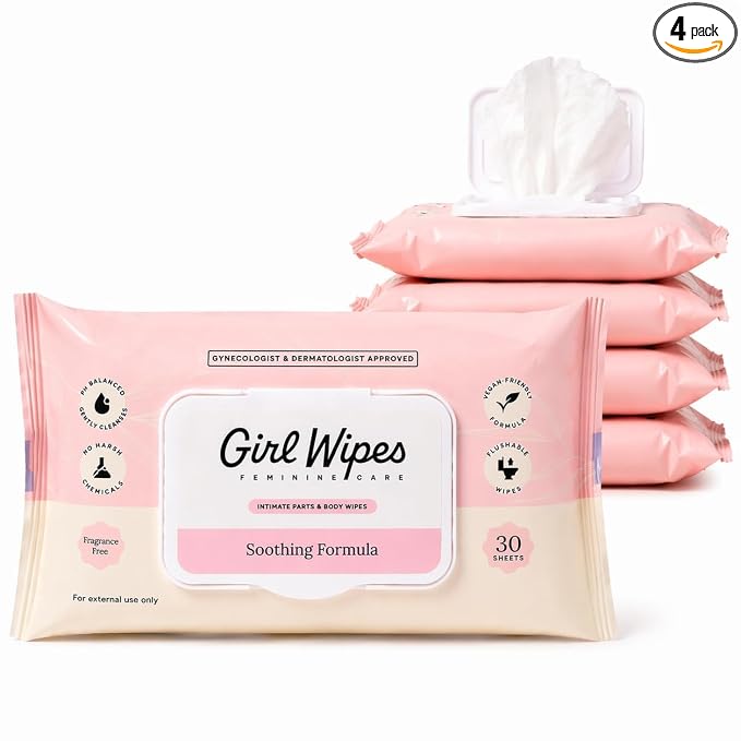 Girl Wipes Flushable Intimate Wipes for Women – Fragrance Free, pH Balanced Feminine Hygiene Wipes for Sensitive Skin, Hypoallergenic, Gynecologist & Dermatologist Approved, Vegan (4-Pack)