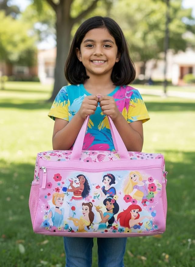 Disney Princess Kids Duffle Bag 16.5" – Travel & Sports Bag with Zipper Pocket, Mesh Side Pockets & Shoulder Strap