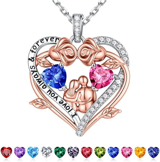 Iefil Valentines Gifts for Her Wife - 925 Sterling Silver Double Heart Birthstone Necklace, Anniversary Birthday Gifts for Women Wife Girlfriend