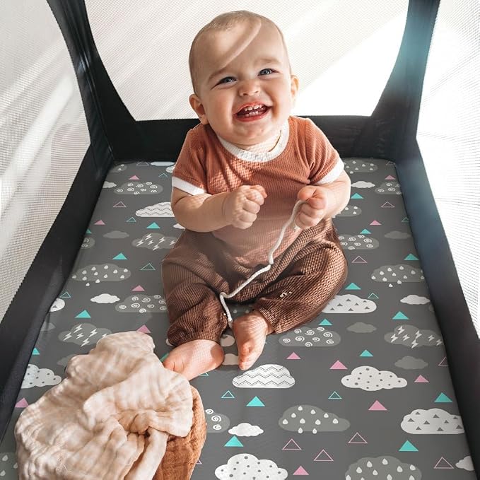Stretchy Pack and Play Fitted Sheets: 2 Pack Mini Crib Sheets 38x26 - Soft Cozy Material - Fits Most Playards and Travel Playpens, Pack n Play, Nursery Daycare Bedding Essentials, Whale Cloud Print