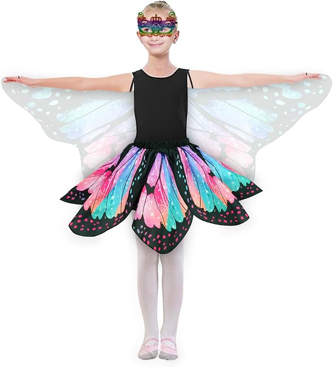 Kids Butterfly Wings Costume for Girls Fairy-Wings Toddler Dress Up Play Costumes Butterfly Skirt Set Mask Party Favors Gifts（Blue & Red）