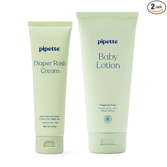 Pipette Fragrance Free Sensitive Skin Soothers Set, Pack of 2, Includes Fragrance Free Baby Lotion and Diaper Rash Cream, Baby Lotion for Newborn, Sensitive Skin, and Kids, Non-Toxic, Hypoallergenic