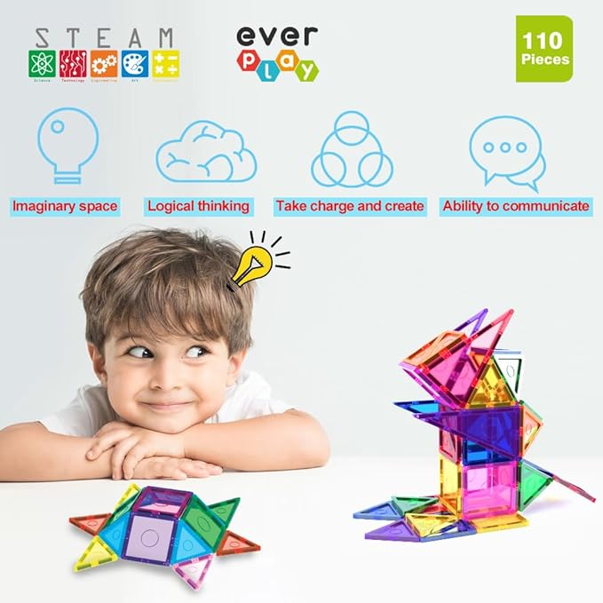 110 pc Magnetic Tiles with Car Set, Building Blocks Toys STEAM Educational Learning Magnet Toy Preschool Montessori Boys & Girls Smart Creative Kit Games Gifts for Age 3+ Kids Toddlers