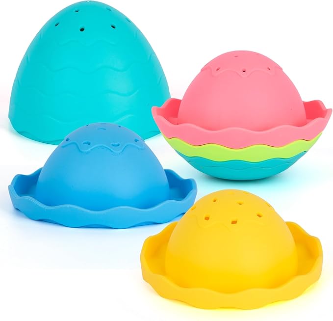 ArtCreativity Stacking Bath Toy for Toddlers – 7-Piece Nesting Mold Free Bath Toy with Drainage Holes – Fun Baby Bathtub Toy – Pastel Color Sensory Toy