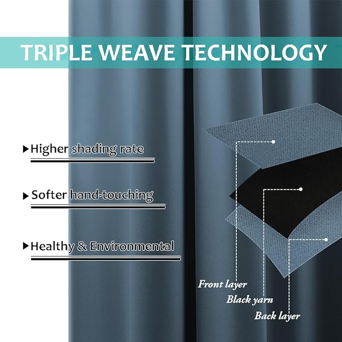 NICETOWN Full Shading Curtains 90 inches Long 2 Panels Set for Windows, Smoky Blue, Pack of 2, 52 inches W, Super Heavy-Duty Black Lined Blackout Curtains for Bedroom, Privacy Assured Window Treatment
