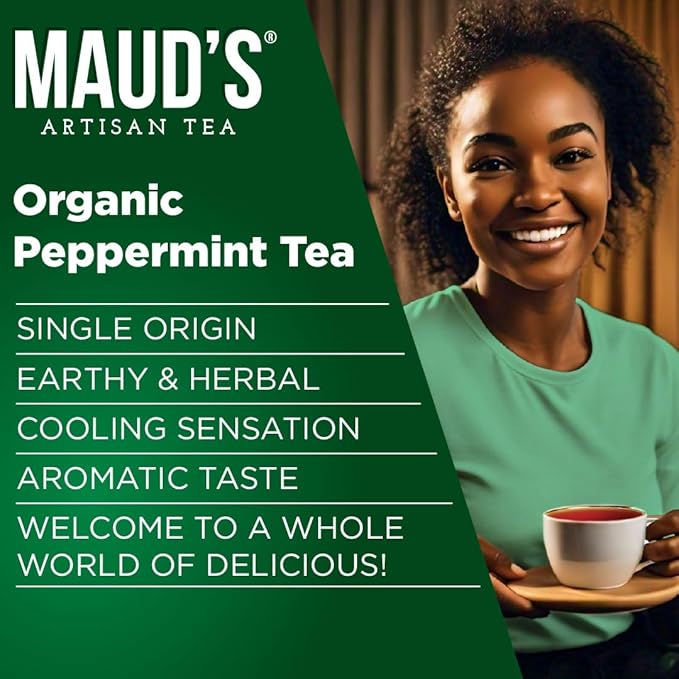 Maud's Organic Peppermint Tea Pods, 100 ct, Single Serve Pods – 100% Gourmet Blended Tea Leaves, Compatible with Keurig K Cups Maker