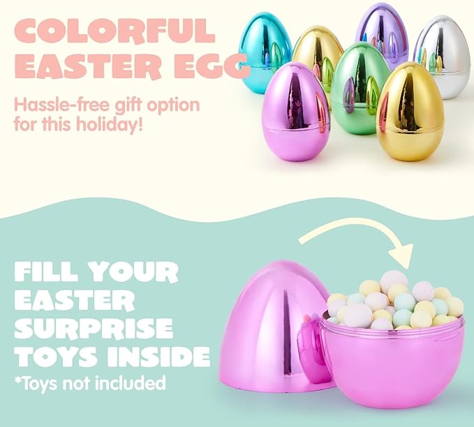 JOYIN 6 Pcs Large Metallic Easter Eggs, 6 Inches Colorful Jumbo Plastic Eggs Fillable for Easter Themed Hunt Basket Stuffers Fillers Filling Treats Party Favor Classroom Prize Supplies