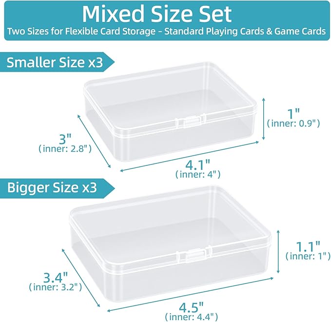 neotidy Playing Card Storage Box Set of 6, Clear Plastic Playing Card Cases with Snap Closure, Mixed Size Card Game Storage Organizer for Standard Playing Cards, Trading Cards & Small Accessories