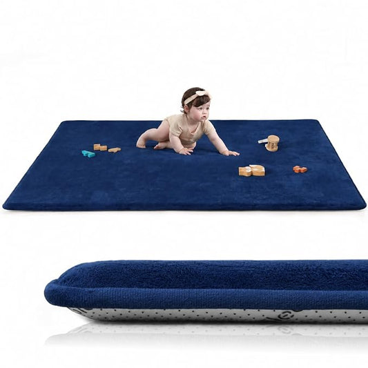 Huloo Sleep Baby Play Mat for Floor,50"×65" Playpen Mat for Toddler,Infant,Kids,1.3" Thick Elasti Foam Non-Slip Nursery Rug,Water Repellent Soft Padded Floor Mats for Tummy Time,Crawling(Dark Blue)