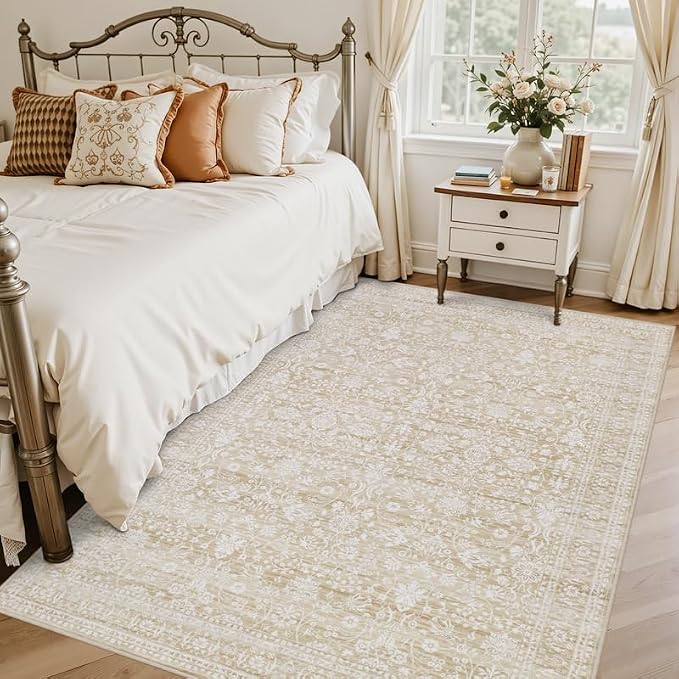 6x9 Area Rugs for Living Room: Vintage Boho Neutral Washable Rug Indoor Soft Large Area Rug Carpet for Bedroom Nursery Farmhouse Dining Room Office Floor Non-Slip Low Pile Under Table Natural Beige