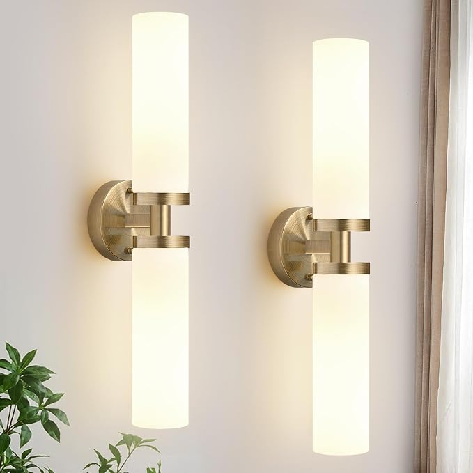 Indoi Wall Sconces Set of Two, Hardwired Brass Bathroom Sconces Wall Lighting with Milky White Glass, Modern Sconces Wall Decor Set of 2 Bathroom Light fixtures for Mirror Living Room Hallway Bedroom
