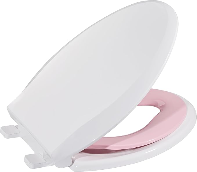 19" Elongated Pink Toilet Seat with Built-In Potty Training Seat, Soft Quiet Close Non-Slip Design for Adult and Child, Magnetic Kids Seat and Cover, Easy to Install for Elongated Toilets