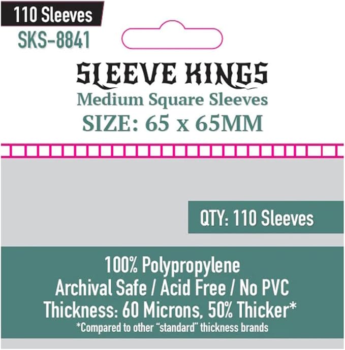 Sleeve Kings Medium Square Card Sleeves – 110 Pack, 65 x 65 mm, Extra Clear 60 Micron Polypropylene, Acid-Free, PVC-Free, Compatible with Townsfolk Tussle, Tidal Blades: Heroes of the Reef – SKS-8841