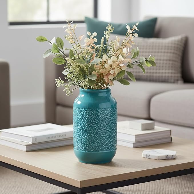 9 Inch Blue Ceramic Vase for Flowers - Textured Teal Cylinder Vase for Table Centerpieces, Modern Boho Vases Home Decor, Living Room, Kitchen Decor