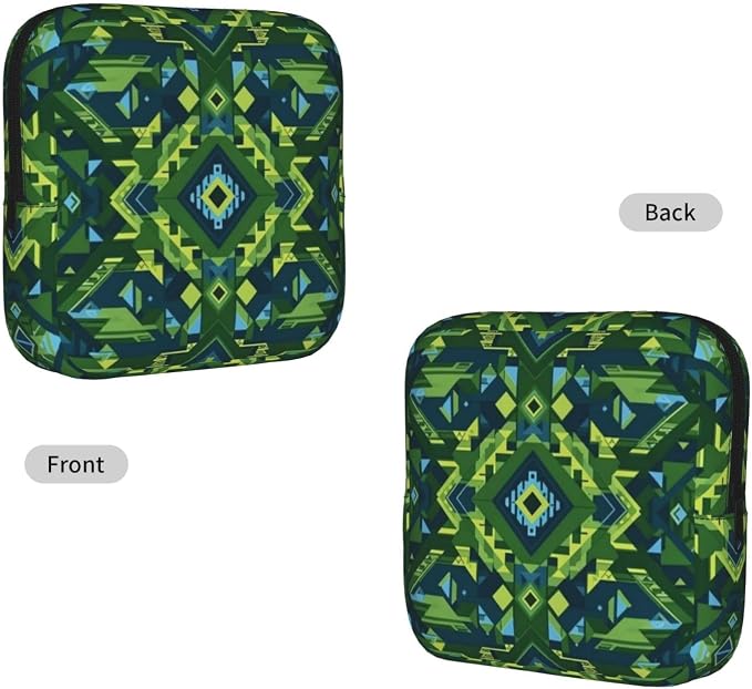 Compact Portable Period Bag Green Native American Tribal Ethnic Western Horse, Polyester Sanitary Napkin Organizer with Zipper, Great Gift for Women Daily Outdoor