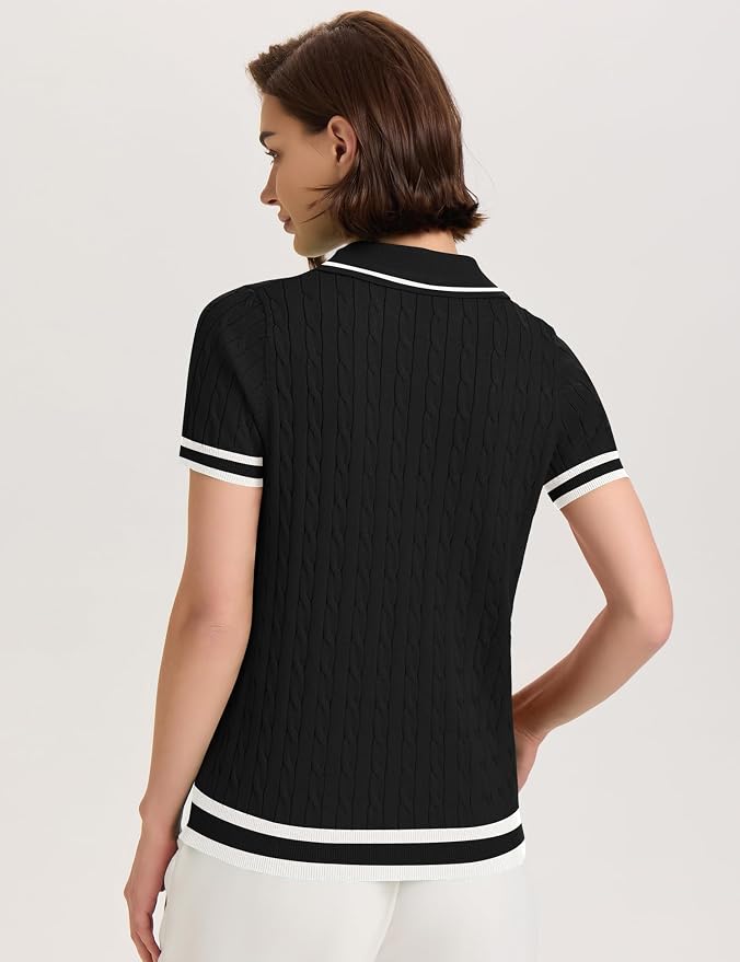 Micoson Womens Short Sleeve Sweater Tops Lapel V Neck Polo Shirts 2026 | Summer Cable Knit Loose Blouses, Business Casual Outfits