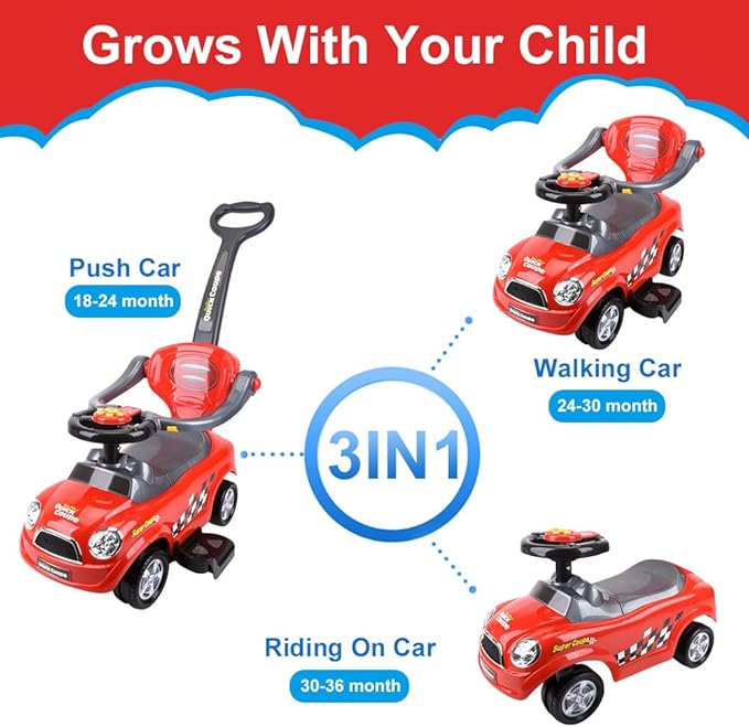 ChromeWheels 3 in 1 Ride on Push Car for Toddlers with Removable Handle/Guardrails/Pedal, Horn, Music, Under Seat Storage (Red)