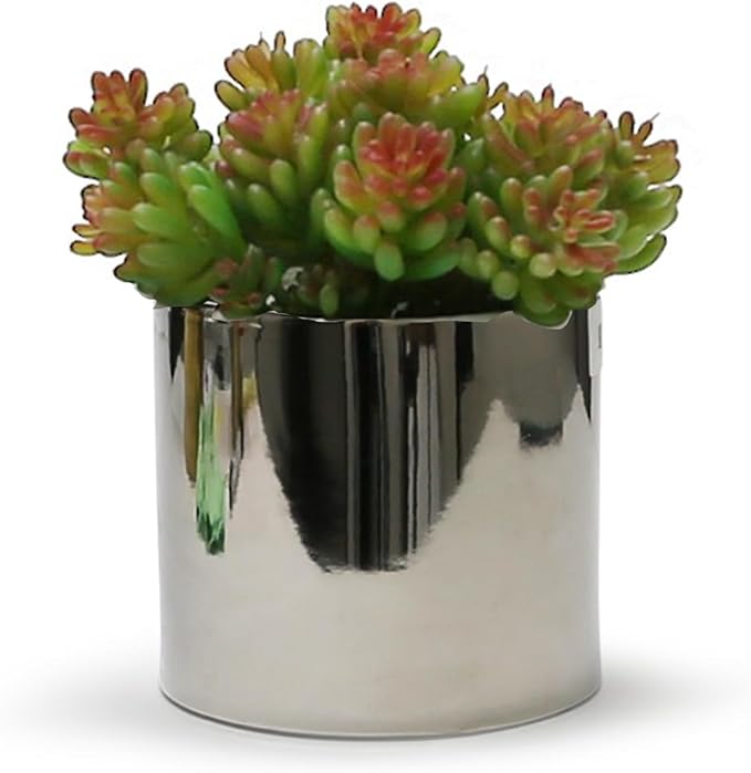 WGVI Silver Ceramic Cylinder Vase Width 5.5" Height 5", Flower Arrangements, Candle Holder, Terrarium Planter Pot, Storage Container Organizer, Pen Brush Holder, Smooth Silver Tabletop Decor, 1 Pc