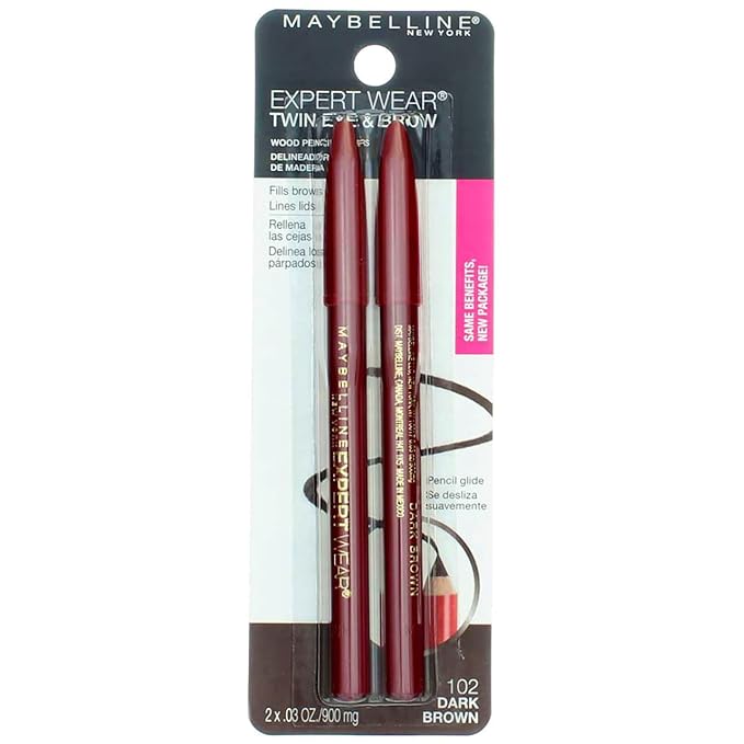 2 Packs - Maybelline New York Expert Wear Twin Brow & Eye Liner Pencils Dark Brown - 4 Pieces