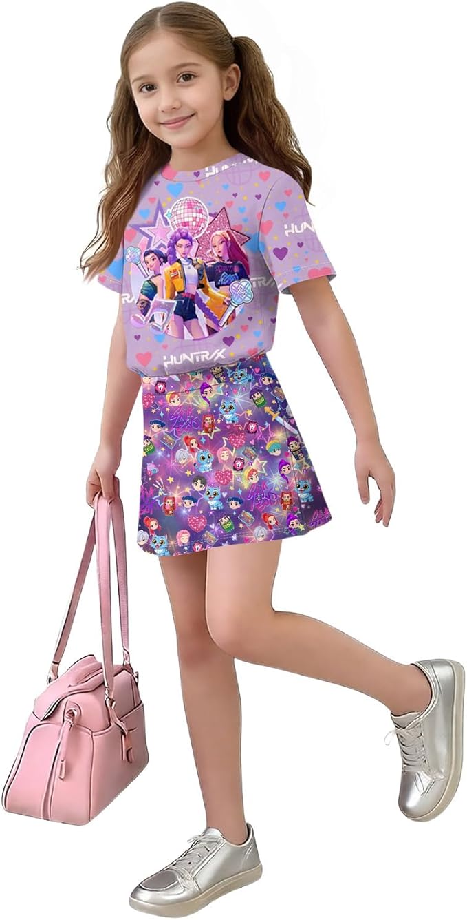 HTHLVMD K Pop Short Sleeve T-Shirt and Skirts Outfits Set for Girls Hunters Rumi Mira Zoey Graphic Tees De-Mon Costume