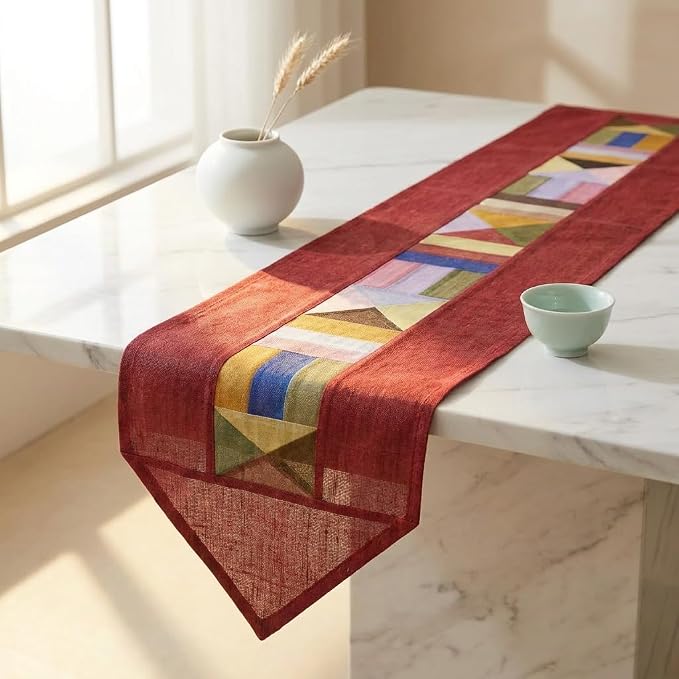 Korean Bojagi Table Runner, Ruby Red Ramie Patchwork, 78.8 x 11.8 Inch | Jogakbo-Inspired Design, Pointed Ends, Dining & Coffee Table Decor, Console Styling, Asian Home Accent