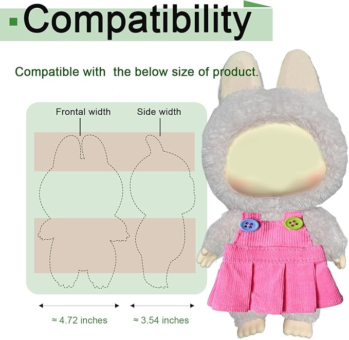 Dress for labubu Dolls (15cm & 17cm Monster Keychain-Macaron/Have a seat/Energy). Clothes Accessories for popmart 6.7" Blind Box. Dress Set for labubu Outfits. (Pink Overall Dress)