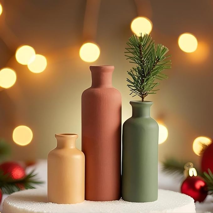 Modern Ceramic Vase Set of 3, Neutral Colors, Decorative Bottles for Home, Farmhouse Rustic Decor, Housewarming Gifts, Wedding Gifts, Bridal Shower Gifts, Birthday Gifts for Women (Green Mix)