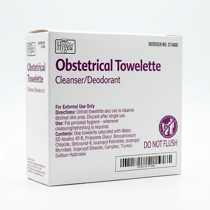 Hygea Obstetrical Towelette, Postpartum Care, Feminine Personal Cleansing Wipe With Benzalkonium Chloride, Individually Wrapped, 100 Wipes Per Box