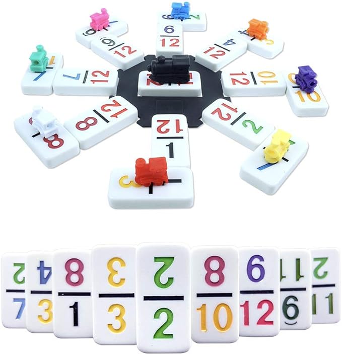 PUREPLAY Mexican Train Dominoes Set with Numbers - Double 12 Colored Number Dominoes - Includes 91 Tiles with 9 Trains, Plastic Pieces and Aluminum Case for 2-8 Players Ages 8+