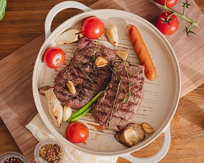 FIKA Kitchen Nonstick 10-Inch BBQ Grill Pan, Griddle with Handle, Healthy Cooking Frying Barbeque Skillet, Induction Compatible Cookware, Oven Safe, Made in Korea (10" Round)