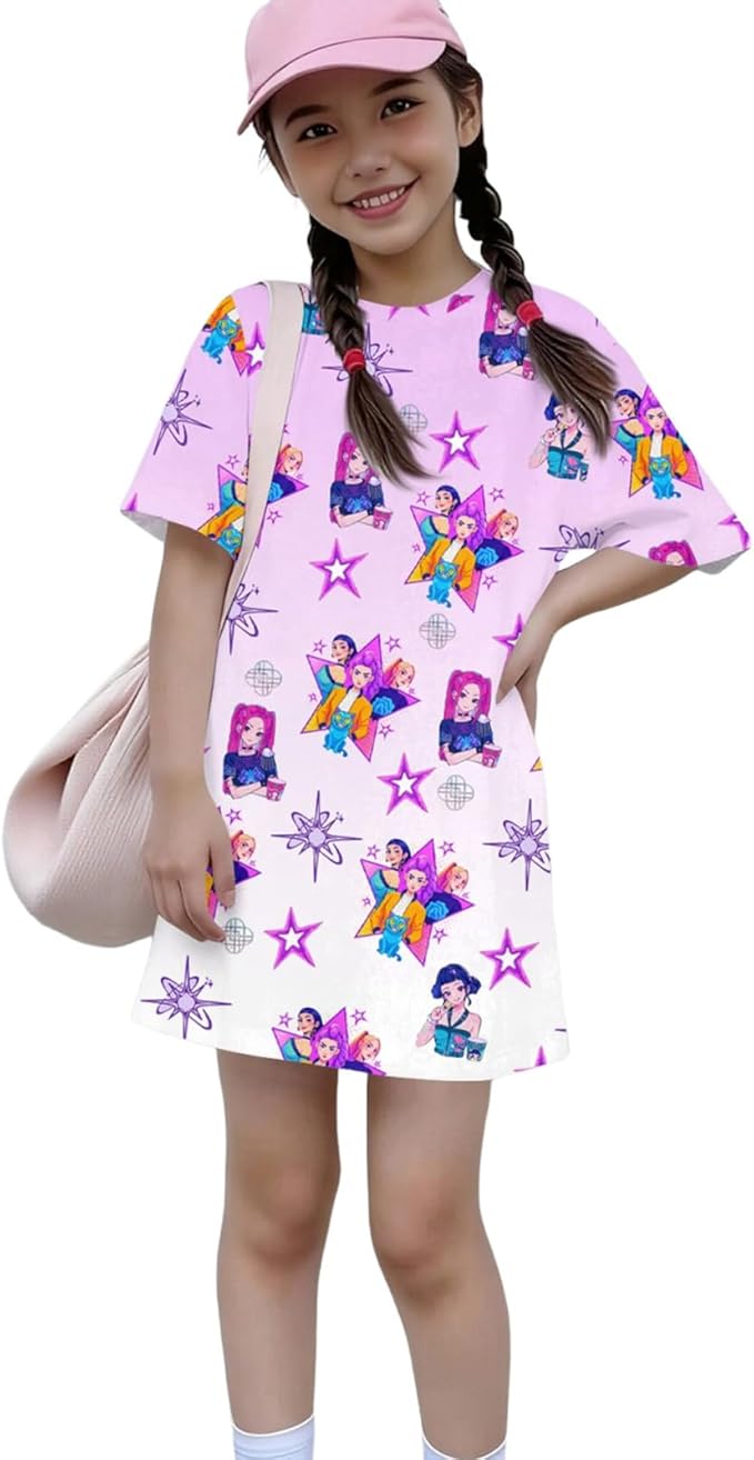 Girl's Anime K-POP Graphic Long Dress T-Shirt - Casual Loose Fit Short Sleeve Top