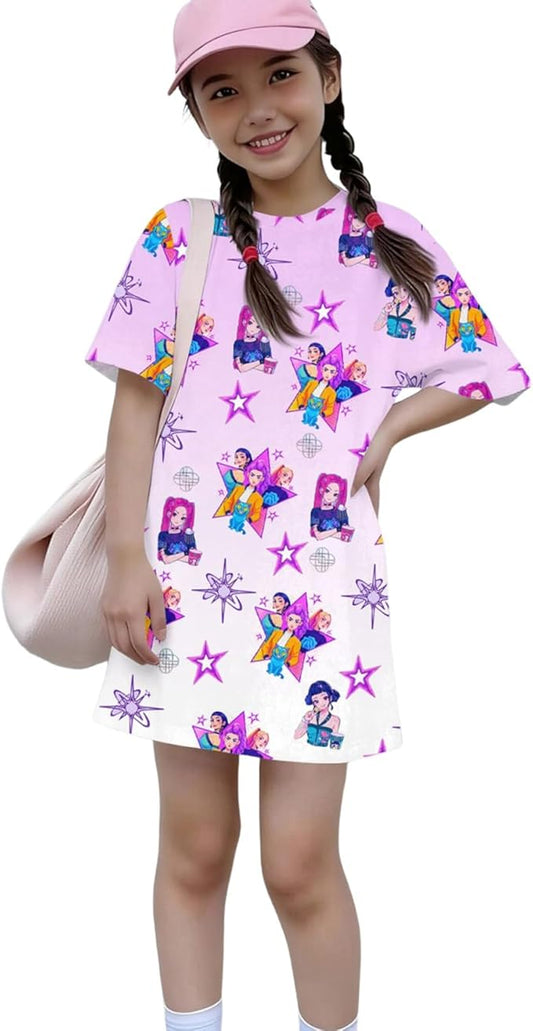 Girl's Anime K-POP Graphic Long Dress T-Shirt - Casual Loose Fit Short Sleeve Top