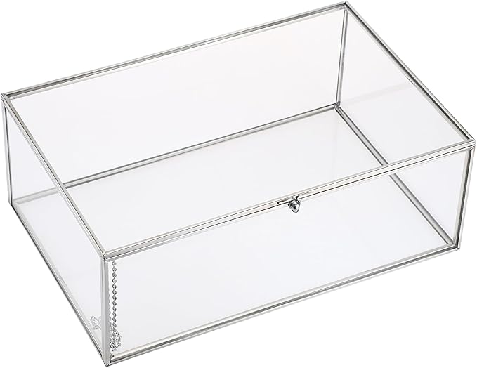 Hipiwe Vintage Glass Box with Lid Clear Jewelry Display Organizer, X-Large | Rectangle Vanity Lidded Boxes Home Decor Accent Silver Decorative Glass Box for Keepsakes Trinket Perfume